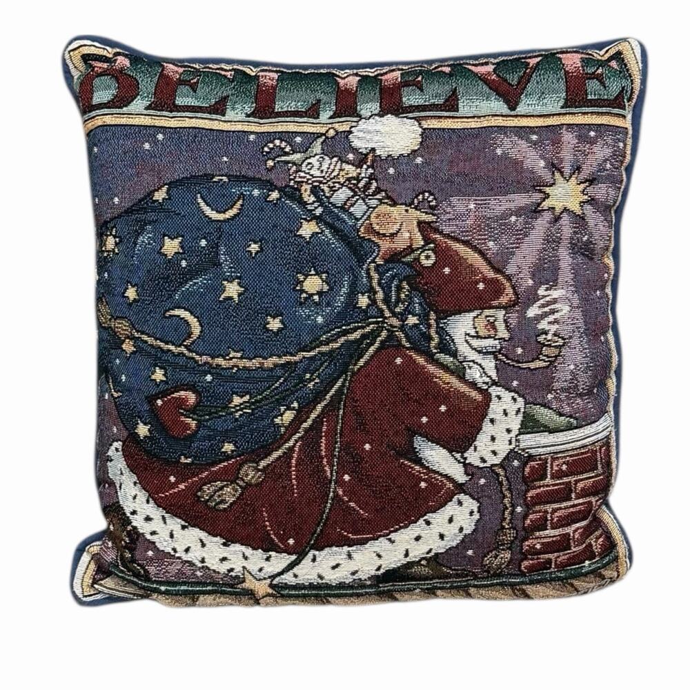 VINTAGE MARY ENGLEBREIT TAPESTRY PILLOW HOLIDAY CHRISTMAS SANTA CLAUS 15 X 15